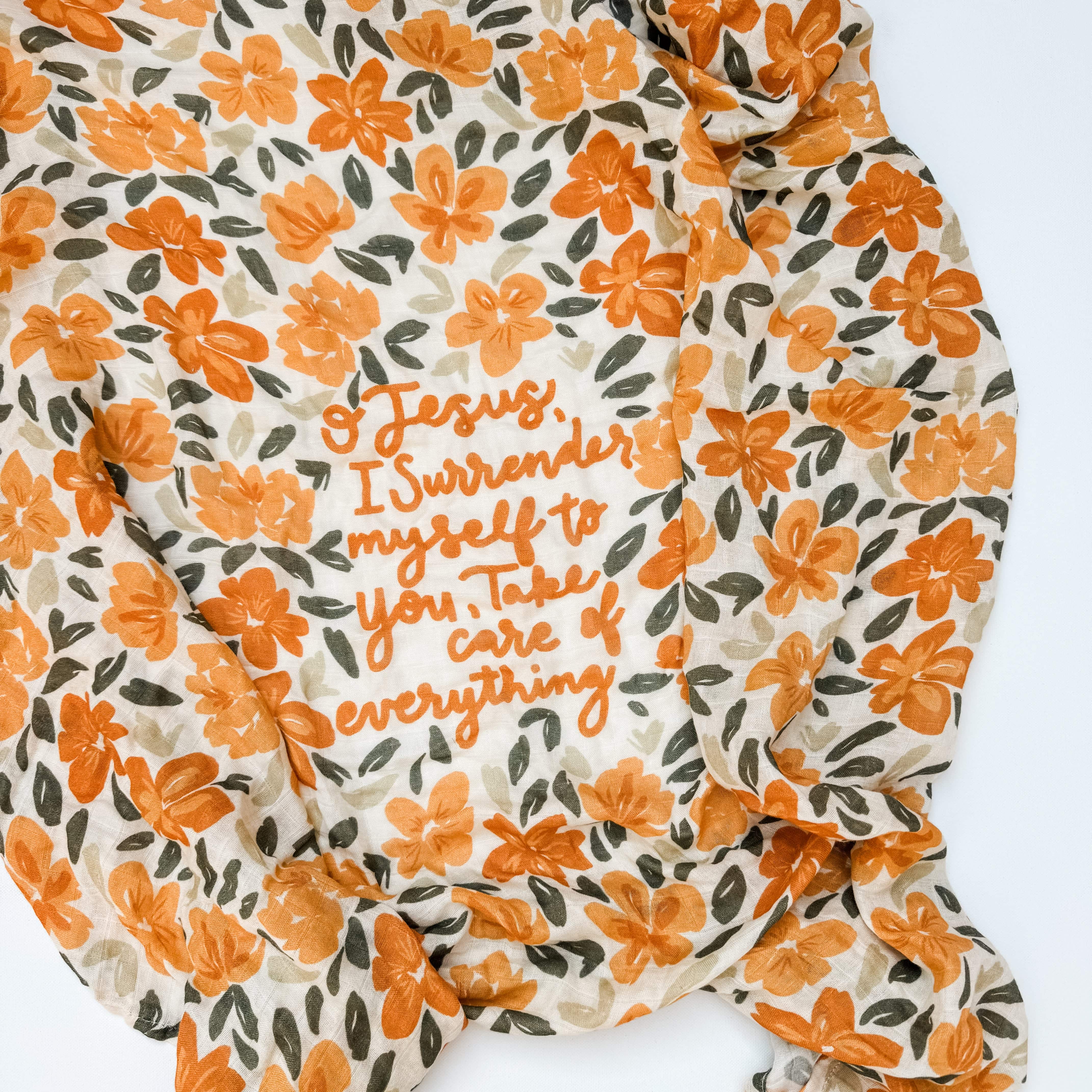 Floral swaddle blanket with Jesus, I Surrender text