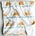 White cloth with gold sunburst pattern and script.