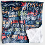 Blanket with names written in colorful letters.