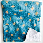 Blue blanket with gold star pattern.