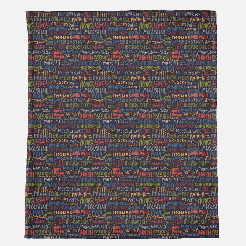 Blanket with names of saints in various colors
