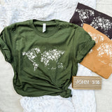 Olive green Solved the World floral shirt.