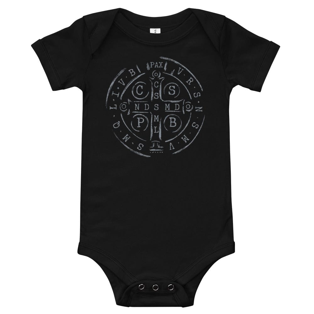 Black baby short sleeve one-piece with cross graphic.