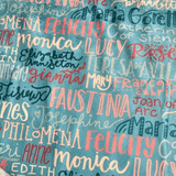 Fabric with names, including Faustina & Monica