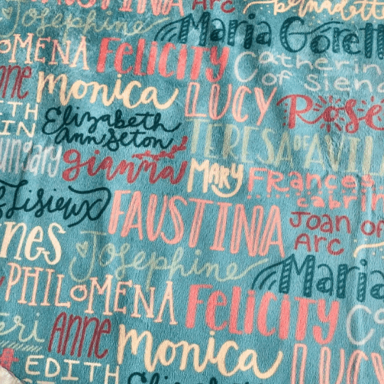 Fabric with names, including Faustina & Monica