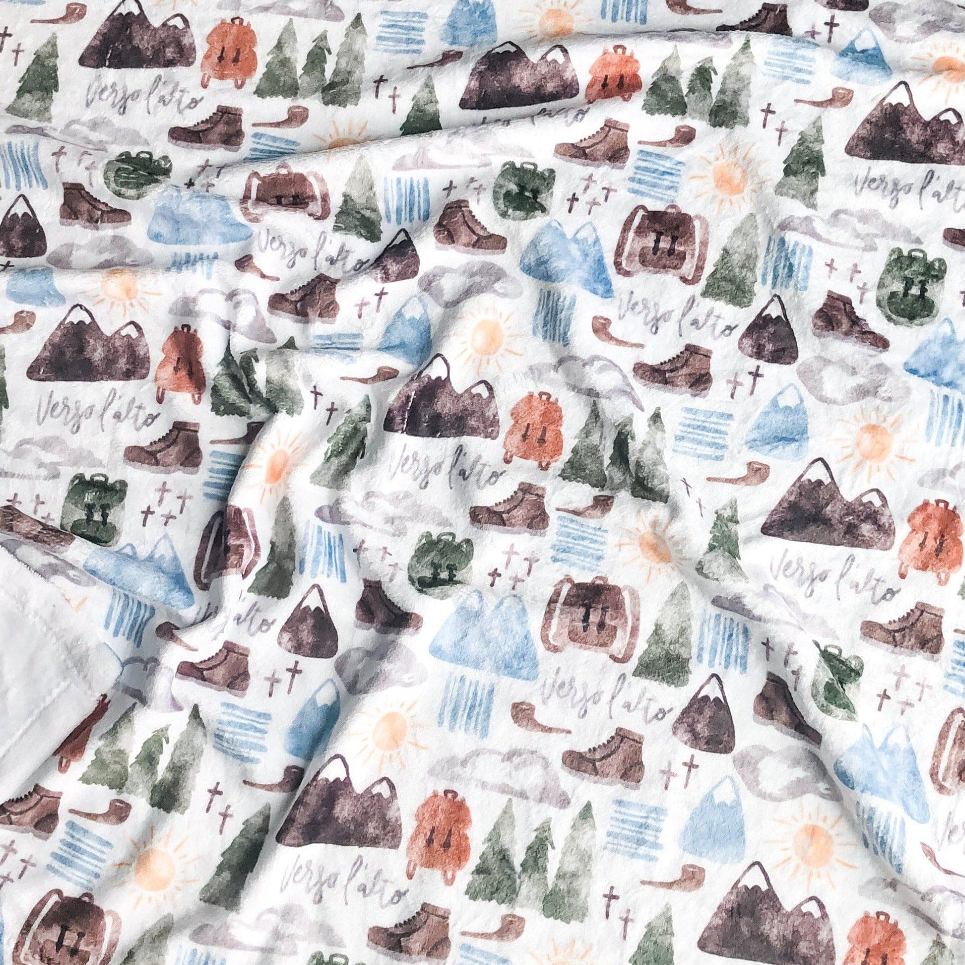 Adventure-themed fabric with mountains, backpacks, trees, & more.