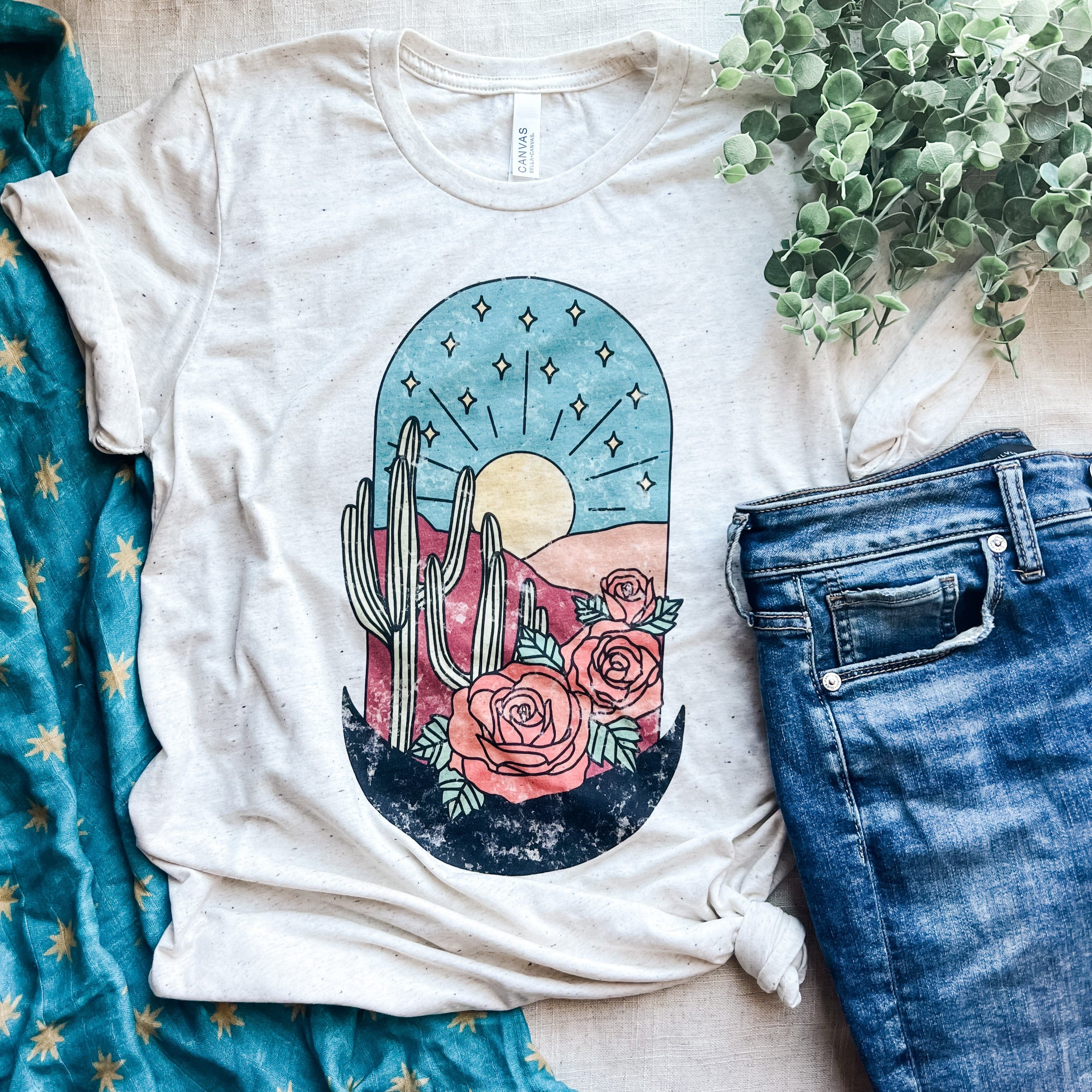 Boho desert graphic tee with roses