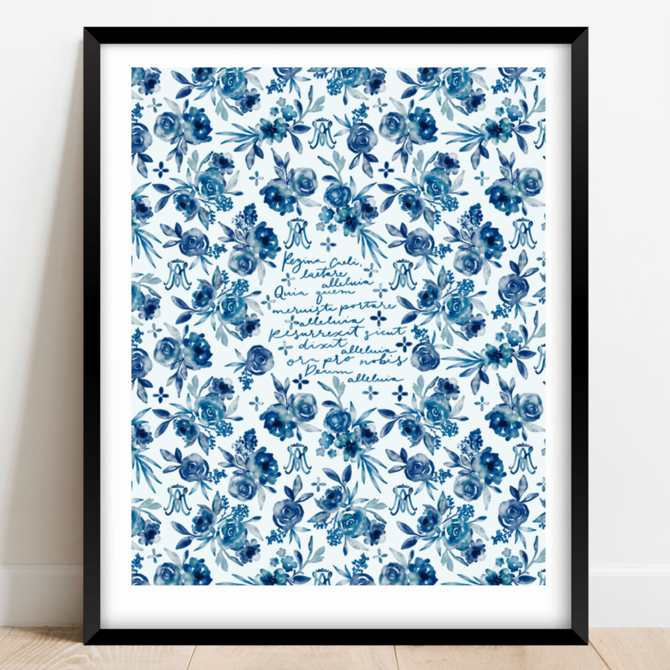 Print mockup of blue floral art with script