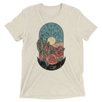Oatmeal tri-blend t-shirt with desert scene and roses.