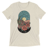 Oatmeal tri-blend t-shirt with desert scene and roses.