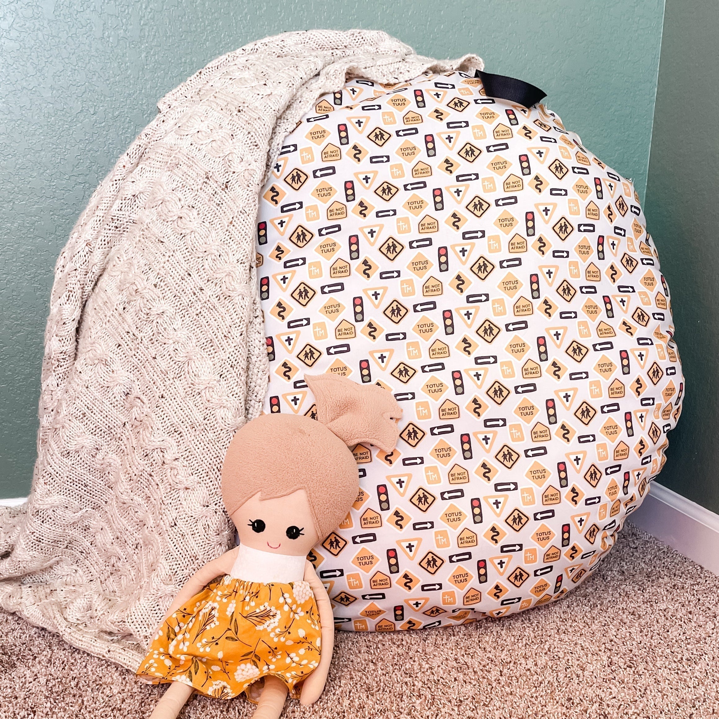 DIY large round Catholic floor pillow made with John Paul the Great Signs fabric