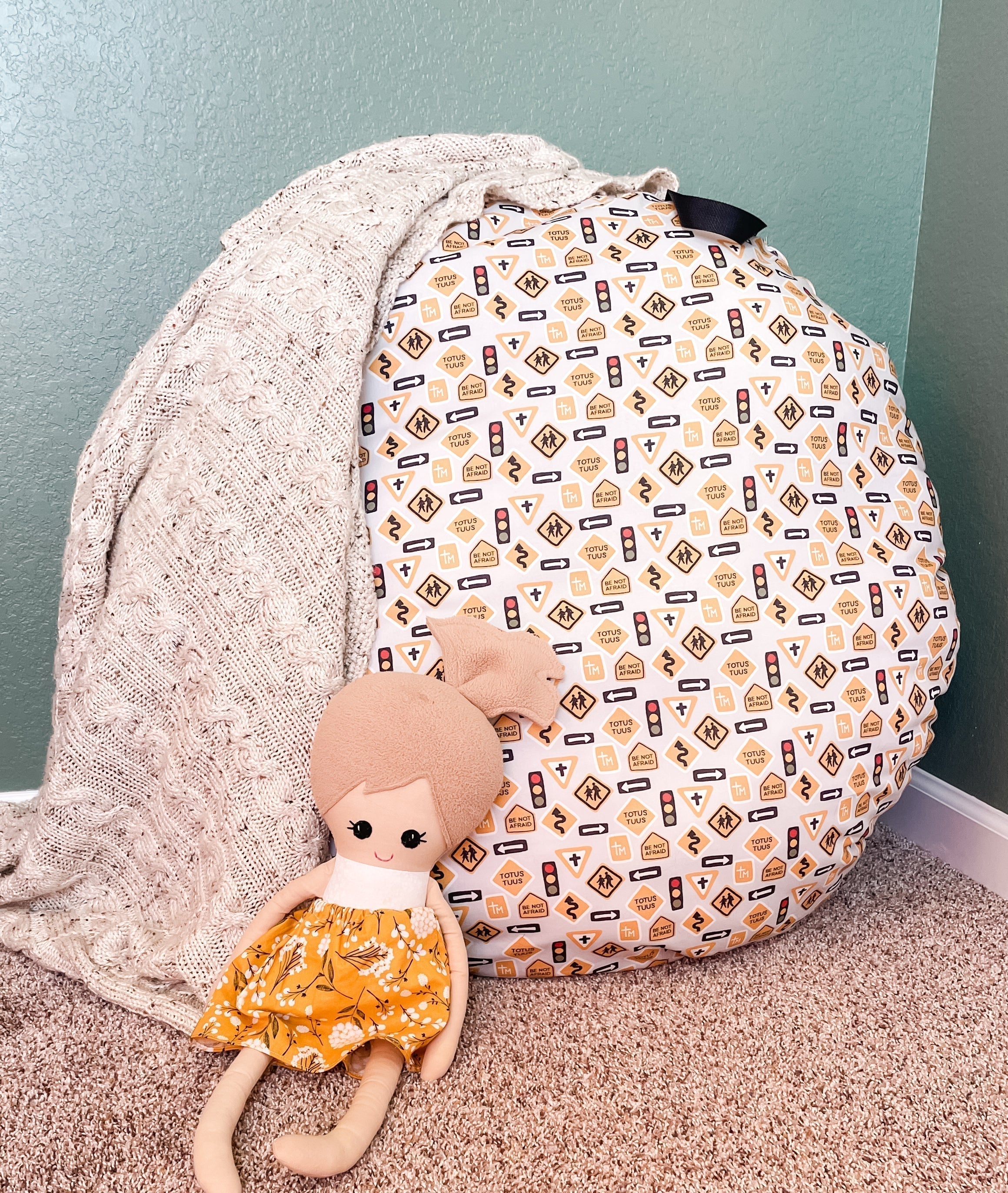 DIY large round Catholic floor pillow made with John Paul the Great Signs fabric