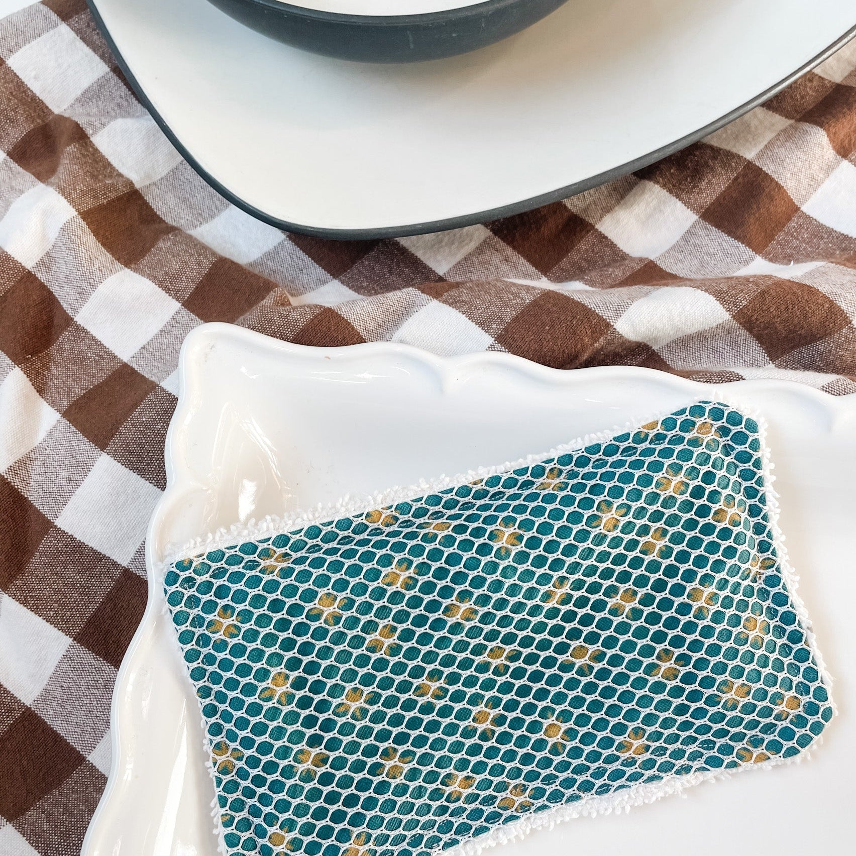 Reusable kitchen sponge made with Our Lady of Guadalupe Catholic fabric