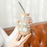 Bless Them Change Me Floral Glass Can with Lid and Straw