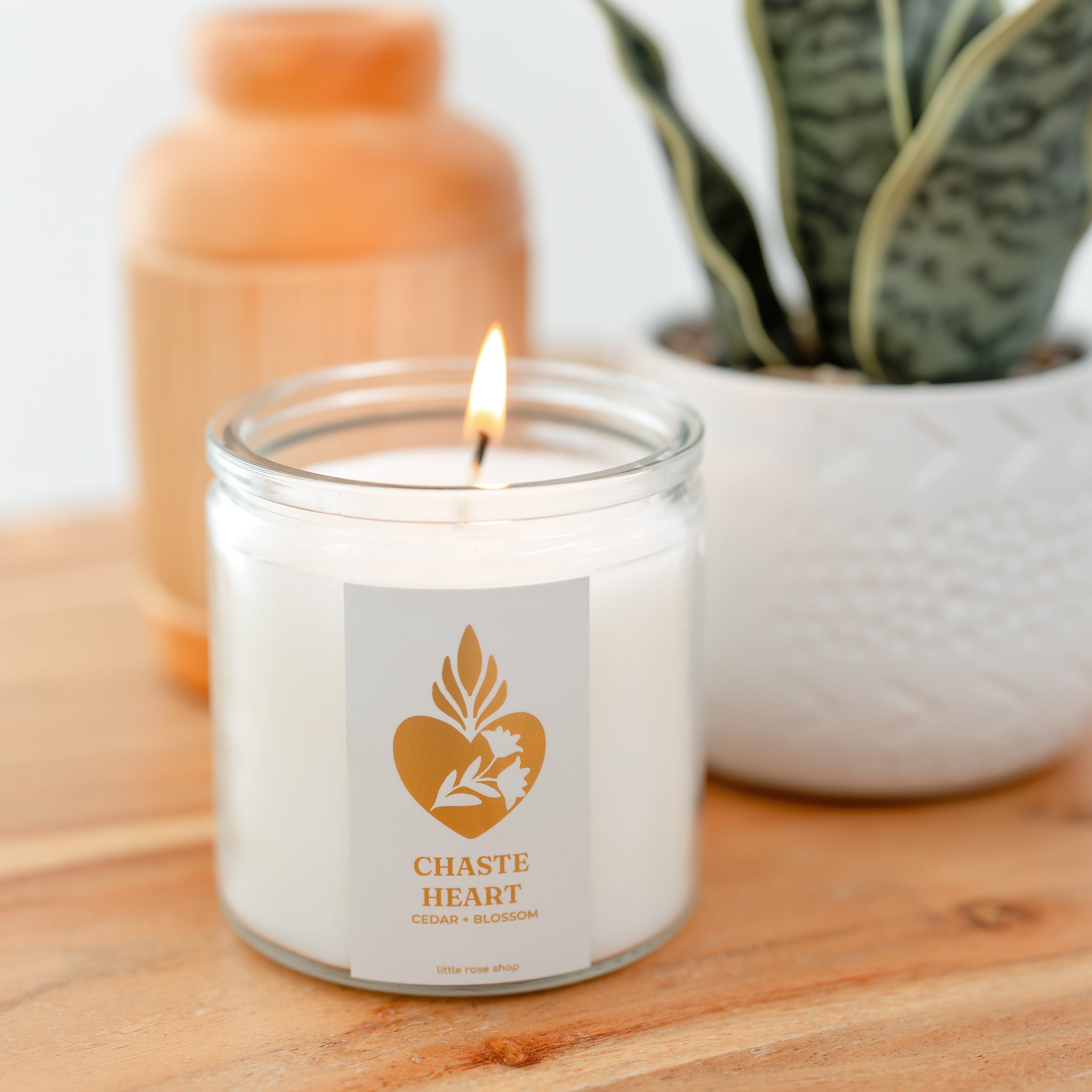 Candle with a visible brand label on a wooden surface with a plant and vase in the background