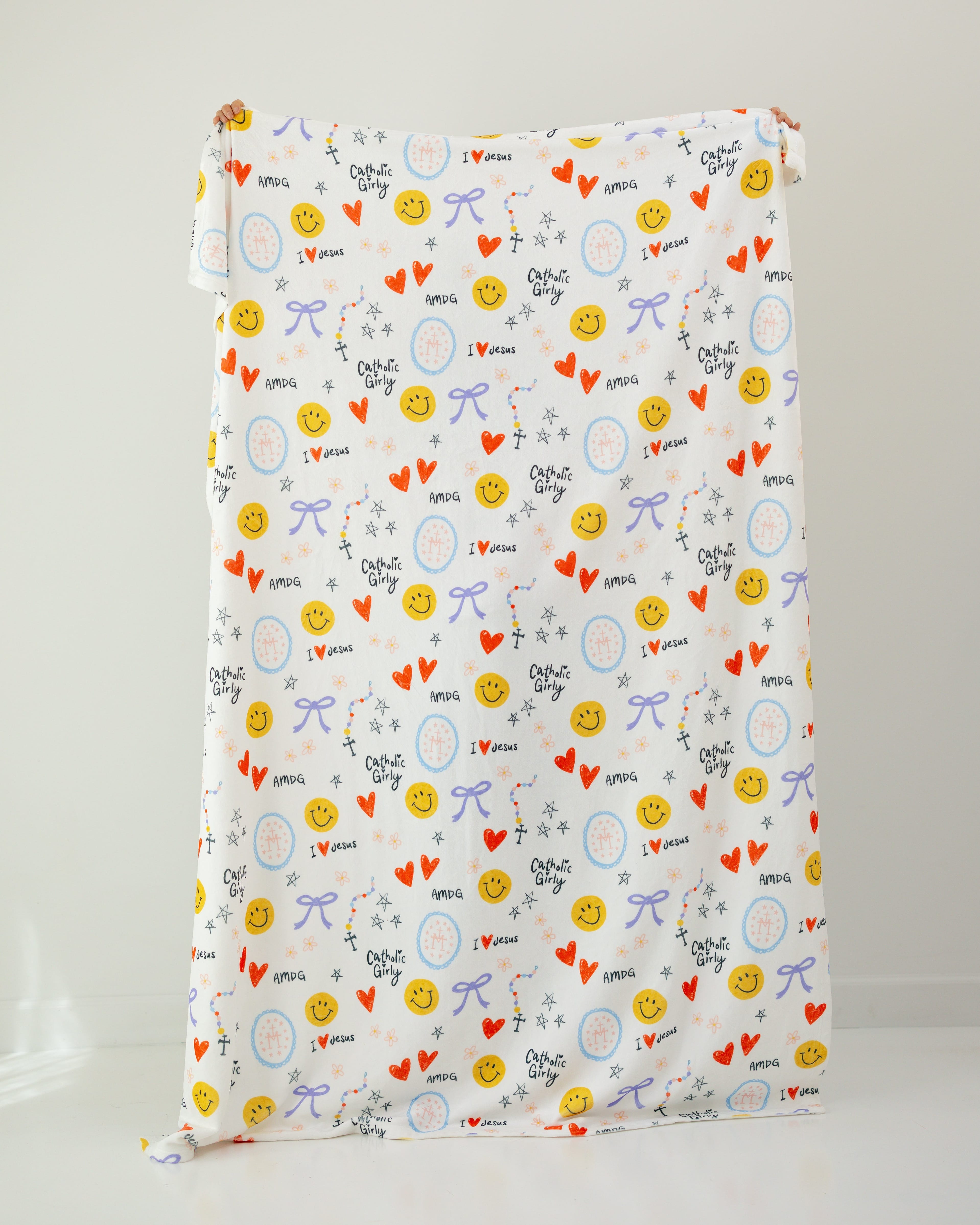 minky fabric with colorful patterns on a white background
