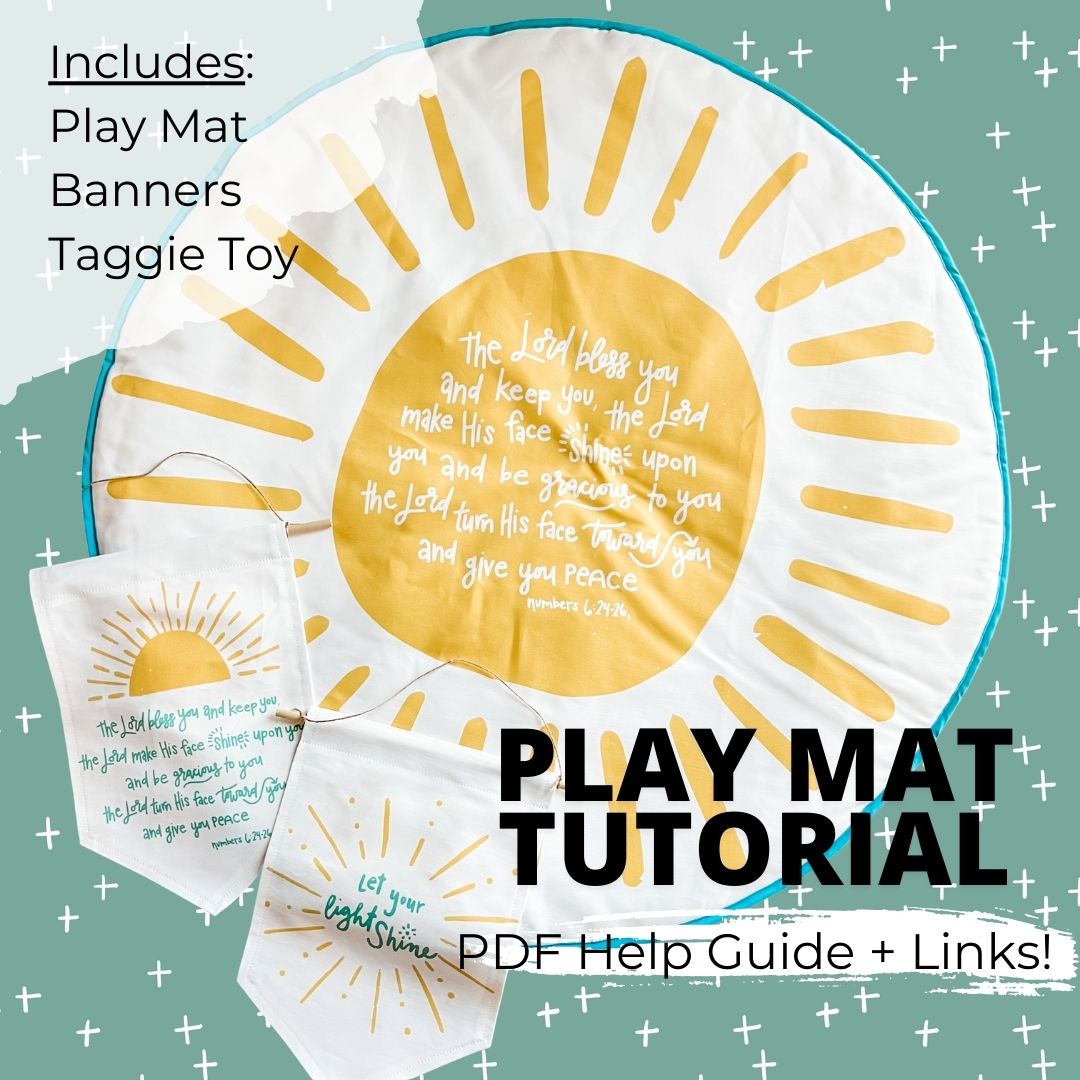 graphic showcasing a play mat and two banners, all with a sun design