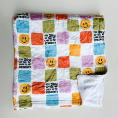 Joy of the Lord Minky blanket with smiley faces