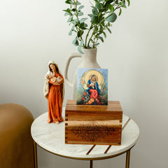Prayer card box with religious art and decor