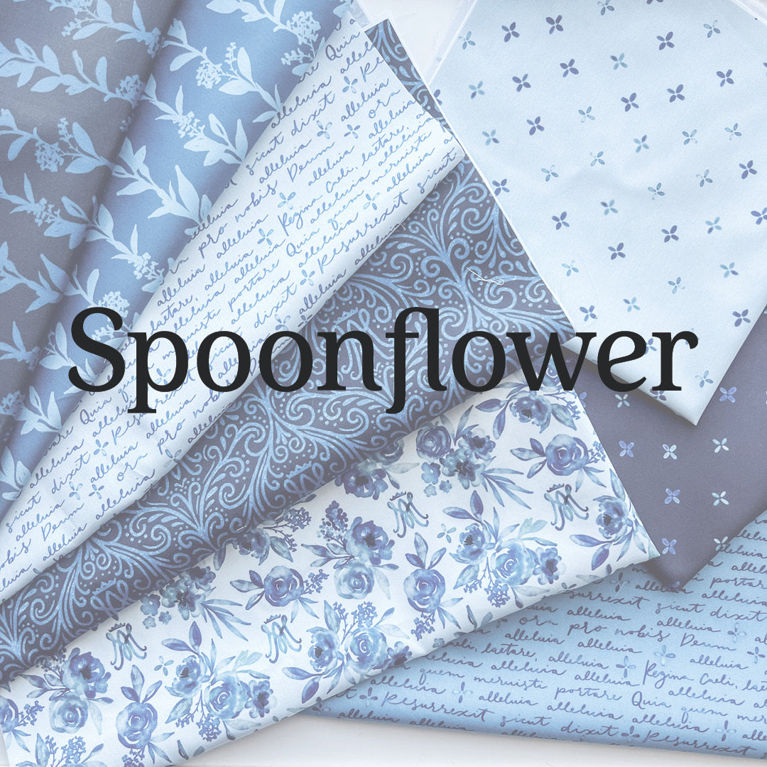 Spoonflower logo on an image of fabric designed by The Little Rose Shop