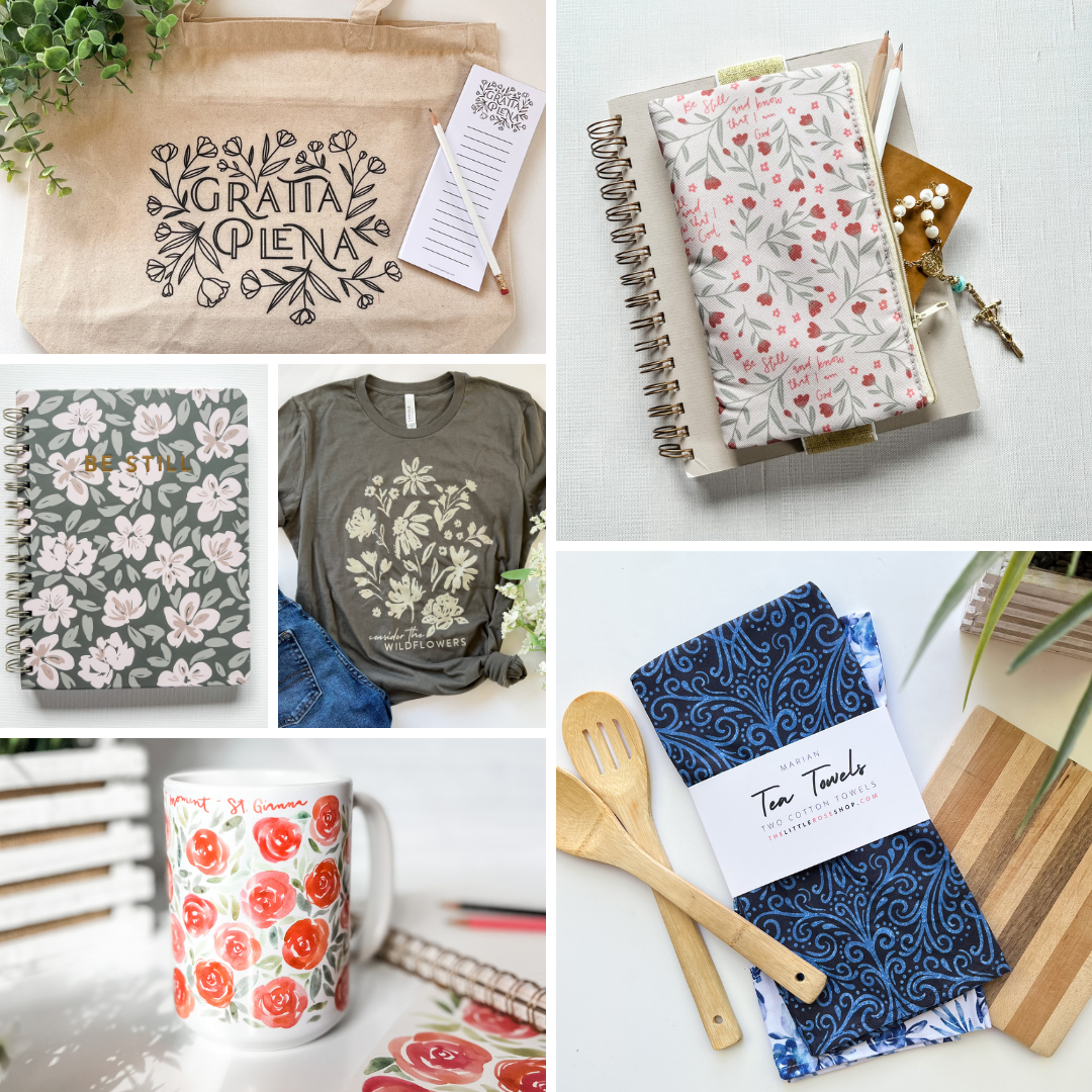Product collage featuring tote, journal, tea towels, shirt, & mug