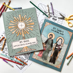 My Mass and Saints Coloring Books with crayons