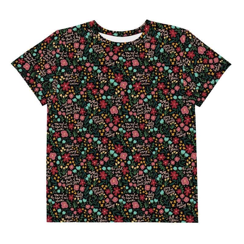 Kids & Youth Floral Hail Mary Prayer Shirt in Black