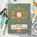 Coloring book with religious image and crayons.