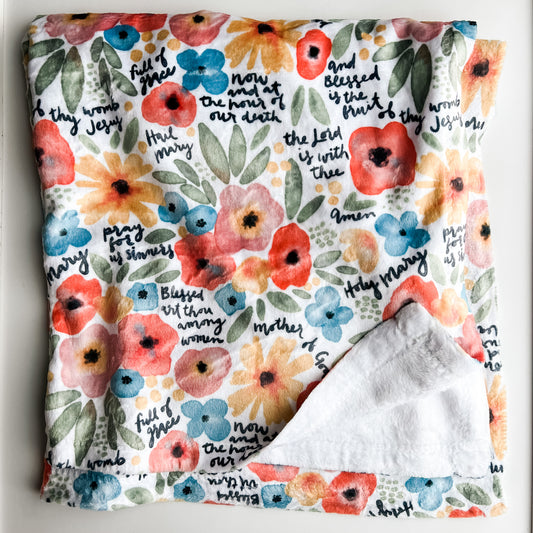 Floral Watercolor Hail Mary Prayer Minky Blanket