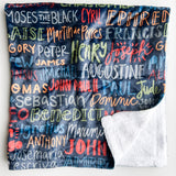 Blanket with names written in colorful letters.