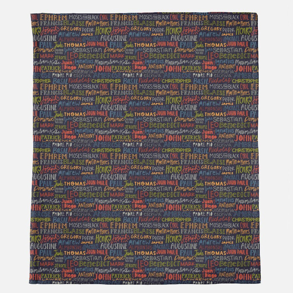 Blanket with names of saints in various colors