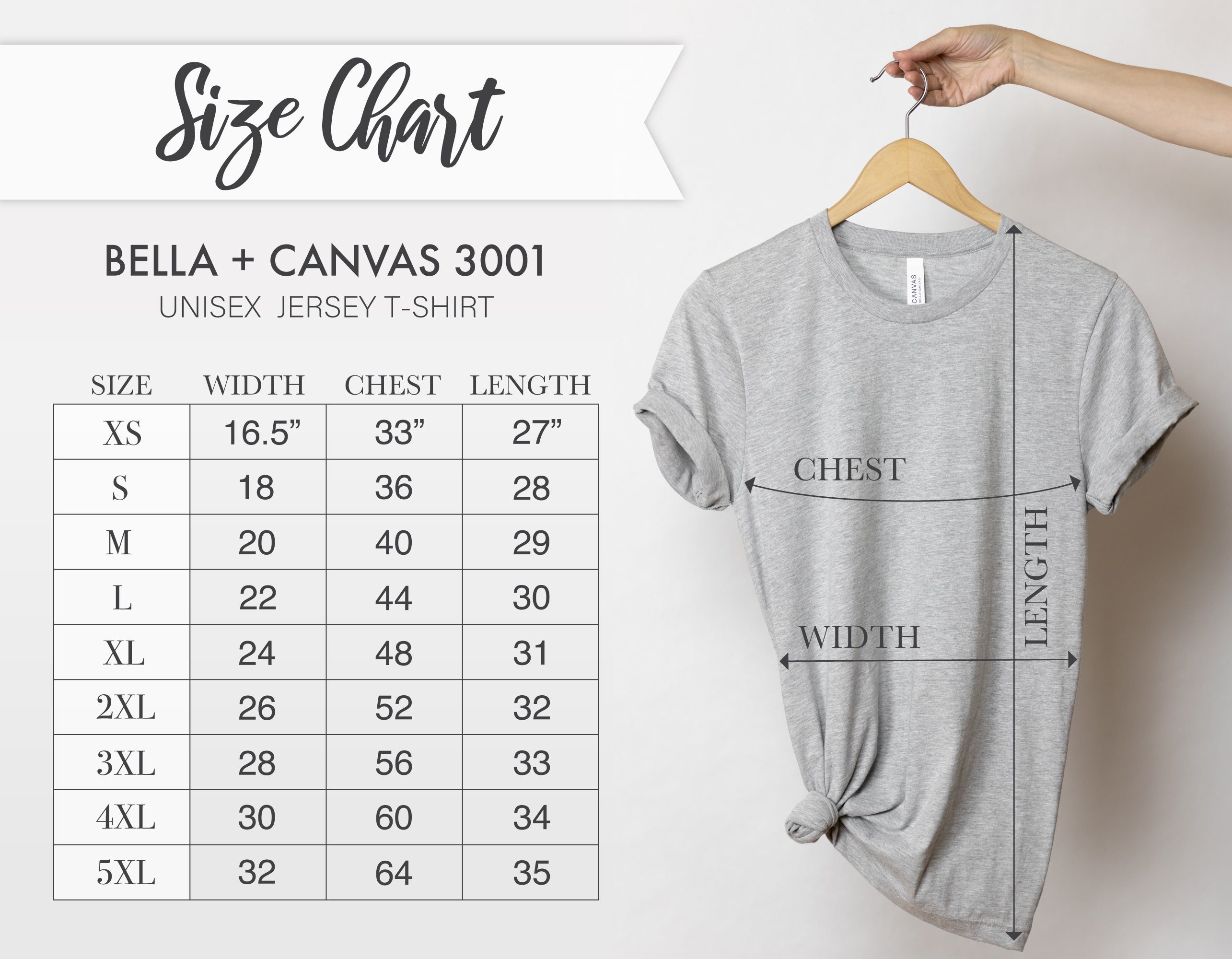 Bella+Canvas 3001 unisex t-shirt size chart