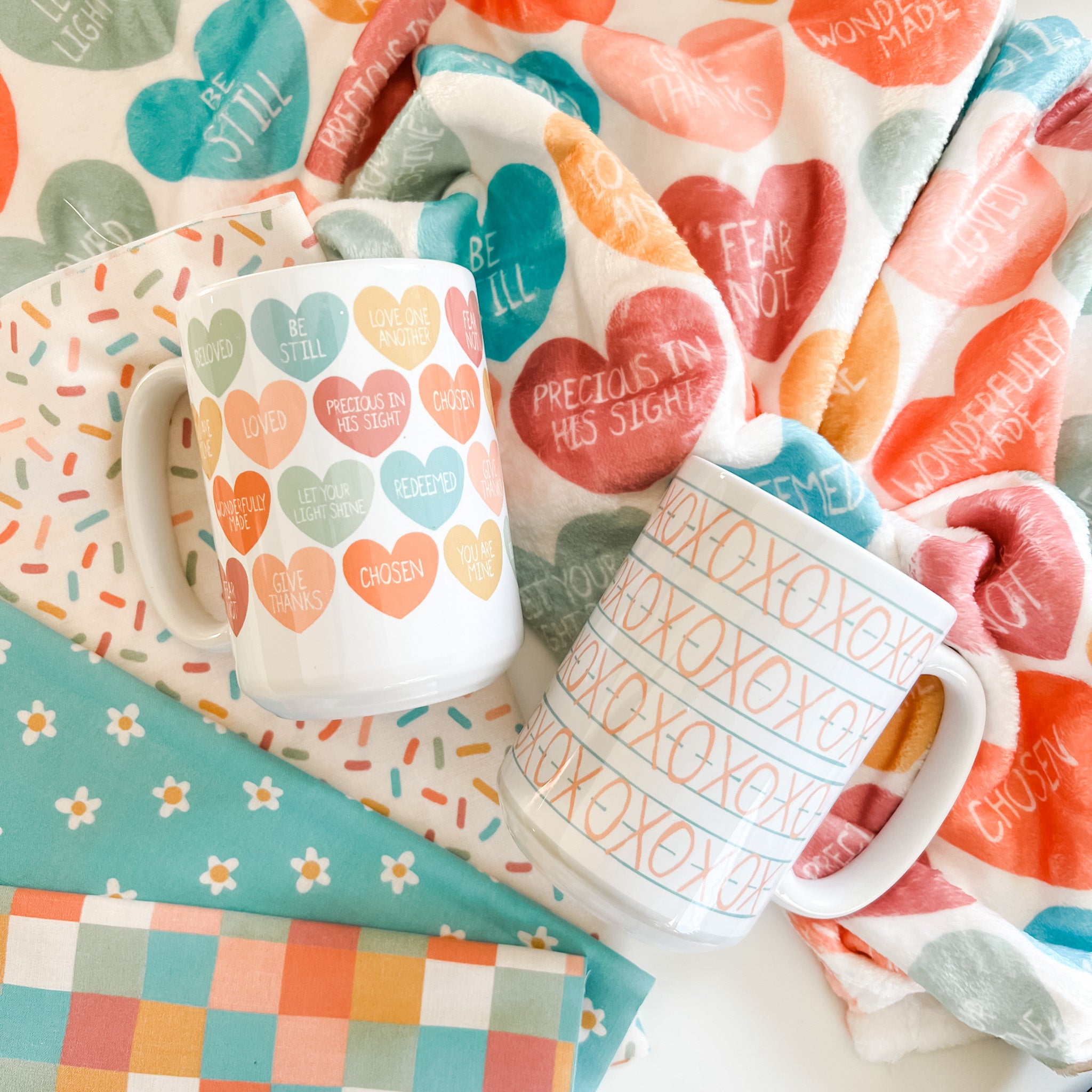 Valentine's Day mugs with hearts and Be Still design