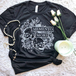 Memento Mori skull t-shirt with roses and rosary.