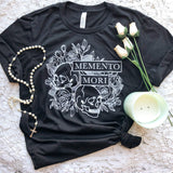 Memento Mori skull t-shirt with roses and rosary.