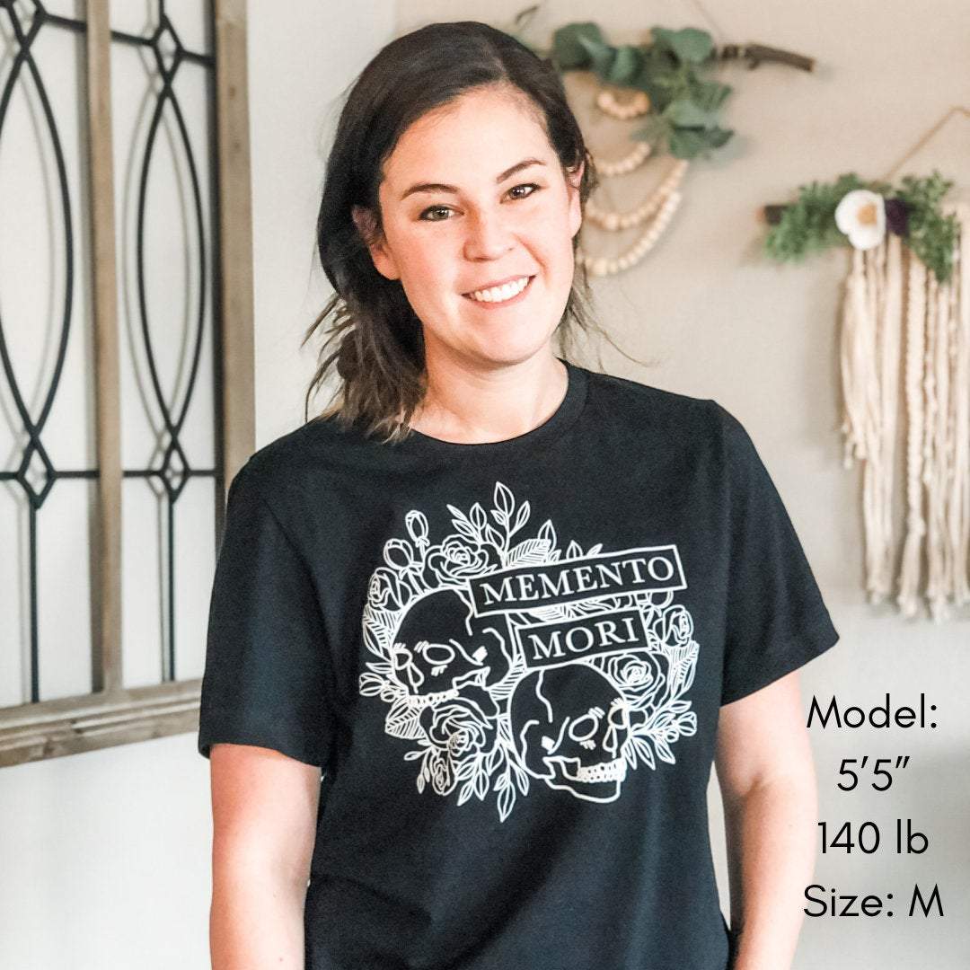 Woman wearing Memento Mori t-shirt