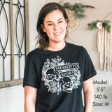 Woman wearing Memento Mori t-shirt