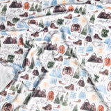 Adventure-themed fabric with mountains, backpacks, trees, & more.