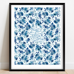 Print mockup of blue floral art with script