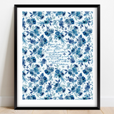 Print mockup of blue floral art with script