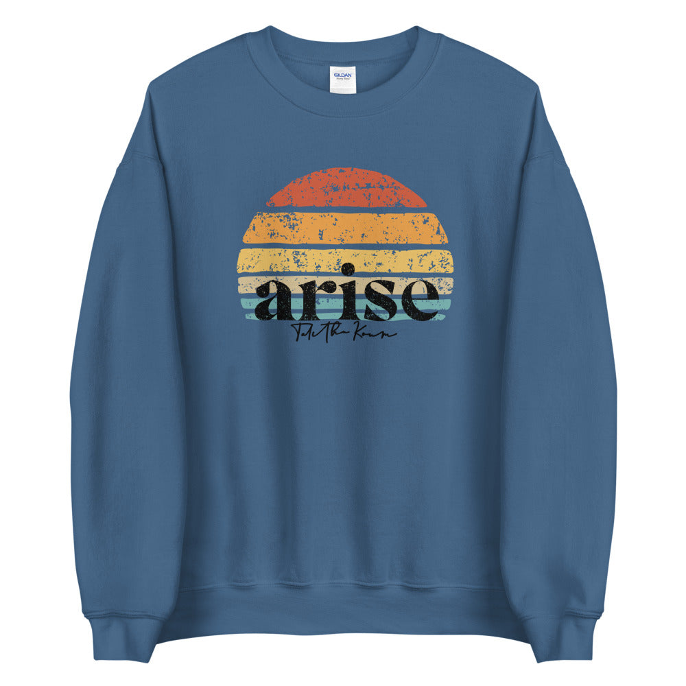 Indigo blue unisex crew neck sweatshirt with arise graphic