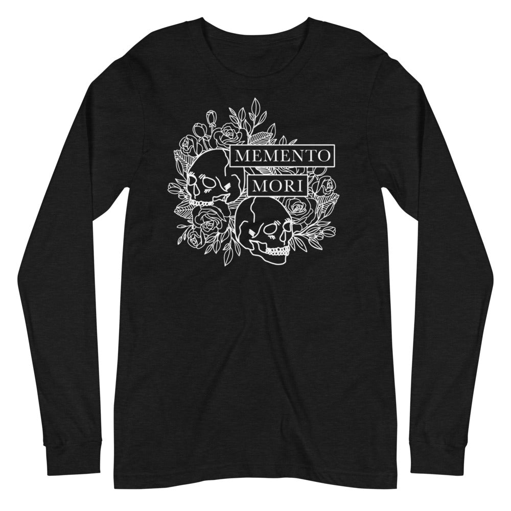 Black heather unisex long sleeve tee with Memento Mori skull design