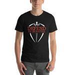Black heather unisex t-shirt with Defend Us In Battle graphic