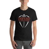 Black heather unisex t-shirt with Defend Us In Battle graphic