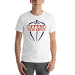 White unisex t-shirt with Defend Us In Battle graphic