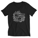 Black V-neck Memento Mori t-shirt with skulls and flowers